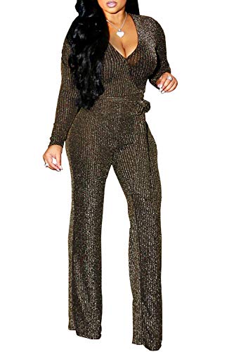 FairBeauty Women's Sexy Sparkly Jumpsuits Clubwear One Piece Deep V Neck Long Sleeve Pants with Belt