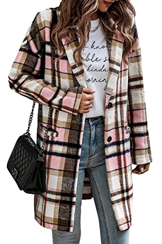 PRETTYGARDEN Women's 2023 Plaid Shacket Jacket Casual Button Wool Blend Winter Tartan Trench Coat With Pockets (Pink,X-Large)