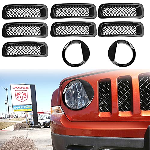 AVOMAR Front Grille Grill Mesh Grille Insert Kit + Angry Bird Style Headlight Lamp Cover Trim Compatible For Jeep Patriot 2011-2016 (Black Front Grill Mesh Insert + Angry Bird Headlight Cover-4)