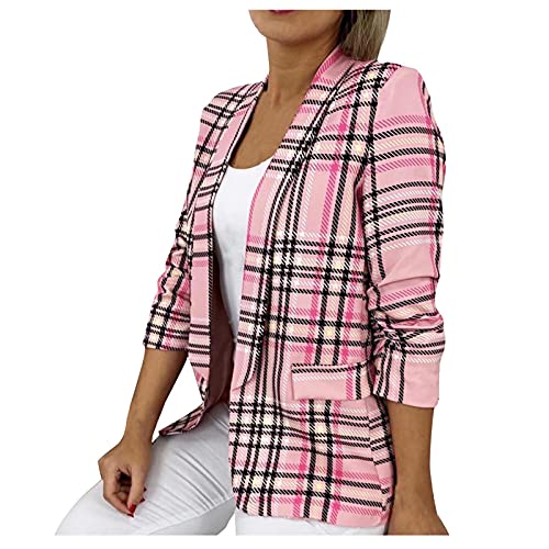 Womens Blazer for Work Professional Trench Coat Casual Blazer Jacket Plus Size Brushed Plaid Shirts Long Sleeve Flannel Lapel Button Down Flannel Office Jacket Coats with Pocket(E Pink, Large)