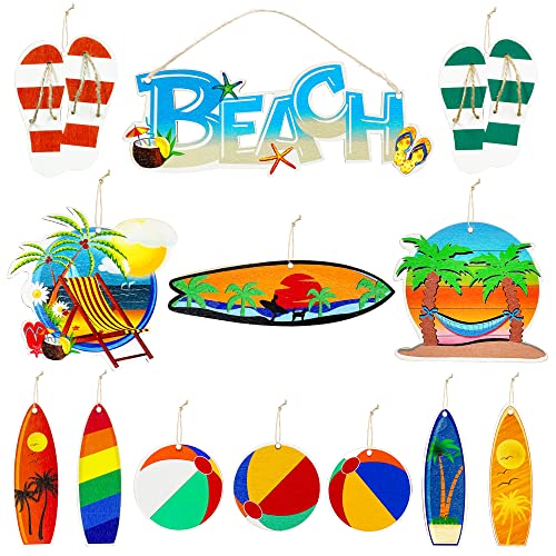 16Pcs Summer Party Decorations Beach Theme Wooden Ornaments Flip Flop Volleyball Surfboard Palm Tree Lounger Starfish Beach Sign Hanging Ornaments for Summer Hawaiian Luau Party Decorations Supplies