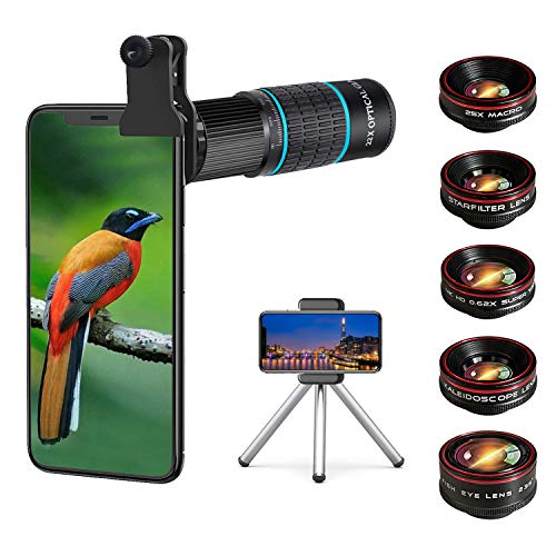 Phone Camera Lens Kit 10 in 1 for iPhone Samsung Pixel Android, 22X Telephoto Lens, 0.62X Super Wide Angle Lens&25X Macro Lens, 235Â° Fisheye,Kaleidoscopes, Starlightï¼Tripodï¼for Most Smartphone