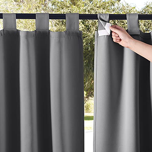 NICETOWN 2 Panels Patio Curtain Outdoor Waterproof 84 Long, Detachable Sticky Tab Top Heavy Weight Blackout Sunblock Window Treatment, Keep Privacy for Gazebo/Dock, W52 x L84, Grey