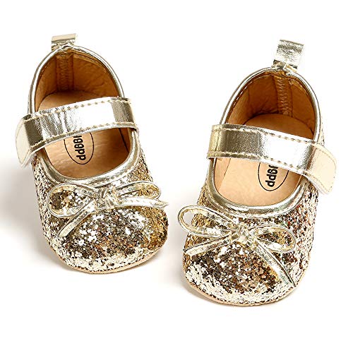 SOFMUO Baby Girls Mary Jane Flats Soft Sole Infant Moccasins Floral Sparkly Toddler Princess Wedding Party Holiday Dress Shoes (Gold,0-6 Months)