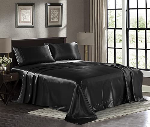 Satin Sheets Queen [4-Piece, Black] Hotel Luxury Silky Bed Sheets - Extra Soft 1800 Microfiber Sheet Set, Wrinkle, Fade, Stain Resistant - Deep Pocket Fitted Sheet, Flat Sheet, Pillow Cases