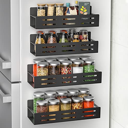 MFTEK Magnetic Spice Rack for Refrigerator, 4 Pack Spice Rack Organizer Strong Magnetic Shelf Seasoning Organizer, Metal Side Fridge Storage Rack, Space Saving Kitchen Organization