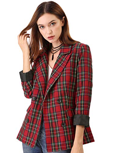 Allegra K Women's Notched Lapel Double Breasted Plaid Work Formal Blazer Jacket X-Large Red Green