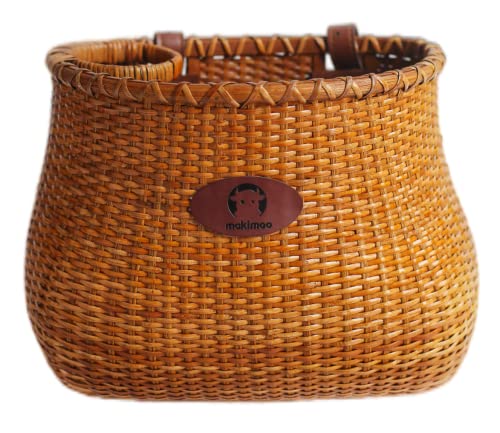 Makimoo Bike Basket for Women's Beach Cruiser or Scooter The Original Wicker Bicycle Baskets with Built in Cup Holder for Front Handlebar-Classic Vintage Style Handmade Natural Rattan Wicker