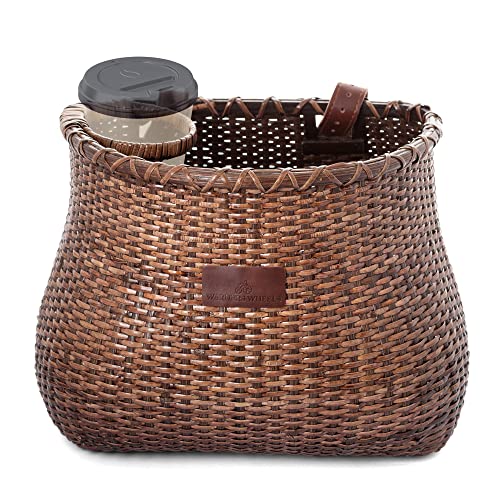 Warners Wheels Bike Basket Front for Women's Cruiser with Coffee Cup Holder, Handmade Woven Bicycle Basket mounts to Front Handlebars of Beach Cruisers or Scooters with Vegan Leather Straps