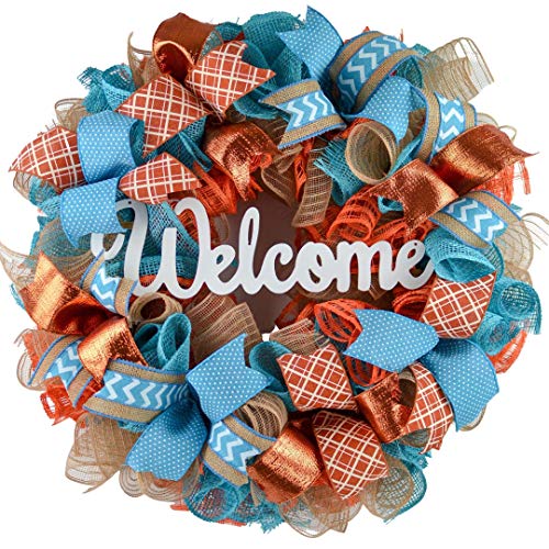 Orange and Turquoise Fall Wreath - Thanksgiving Welcome Wreath - Everyday Door Wreath - White Teal