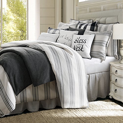 HiEnd Accents BlackBerry Farmhouse Bedding, 3 Piece Super King Size Striped Comforter Set with Pillow Shams, Ivory Black Ticking Stripes Pattern, Chic Casual Coastal Boho Style Bed Set