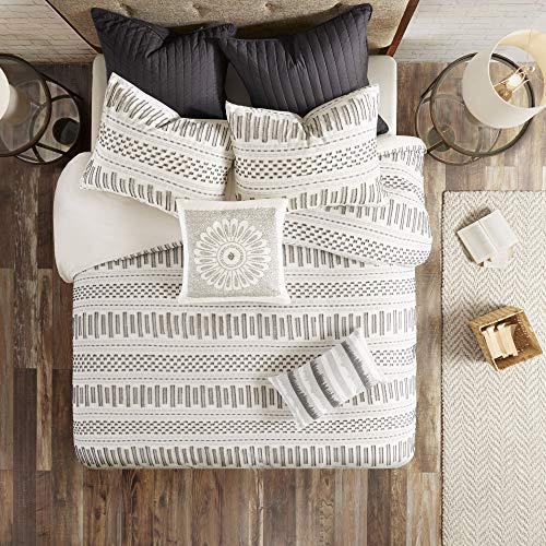 INK+IVY Luxurious Cotton-Bedding Set - Mid Century Trendy Geometric Design, All Season Cozy-Cover With Matching-Shams, King/Cal King, Rhea Jacquard Ivory/Charcoal