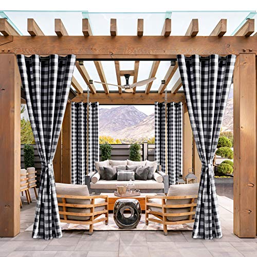 Hiasan Buffalo Plaid Outdoor Curtains for Patio Waterproof - Grommet Weighted Semi Sheer Drapes for Gazebo, Porch and Cabana, 52 x 84 Inches Long, Black and White, Set of 2 Panels and 2 Tiebacks